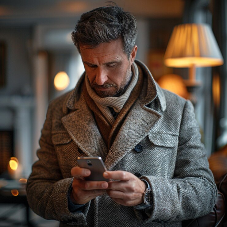 hombre arrafado en un abrigo mirando su teléfono celular generativo ai