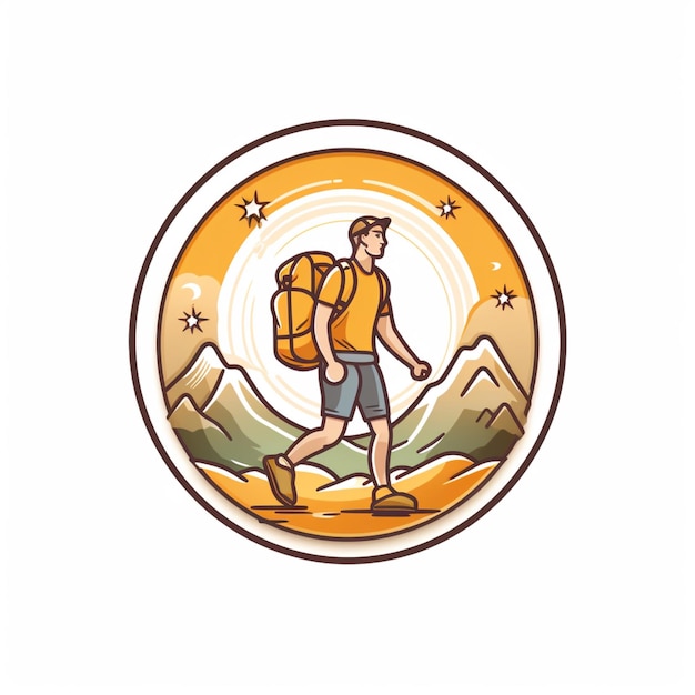 Foto hombre arrafado caminando con mochila en las montañas logotipo del círculo generativo ai