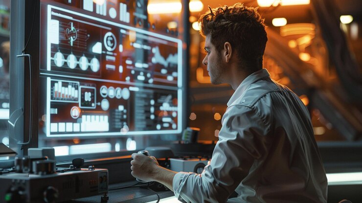 hombre arrafado en una camisa blanca está mirando una pantalla de computadora generativa ai