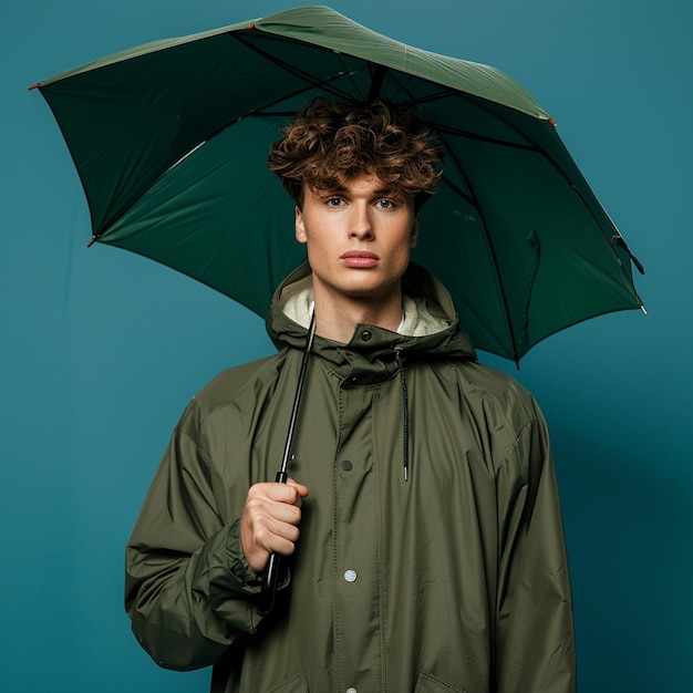 Foto hombre arrafado en un impermeable verde sosteniendo un paraguas generativo ai