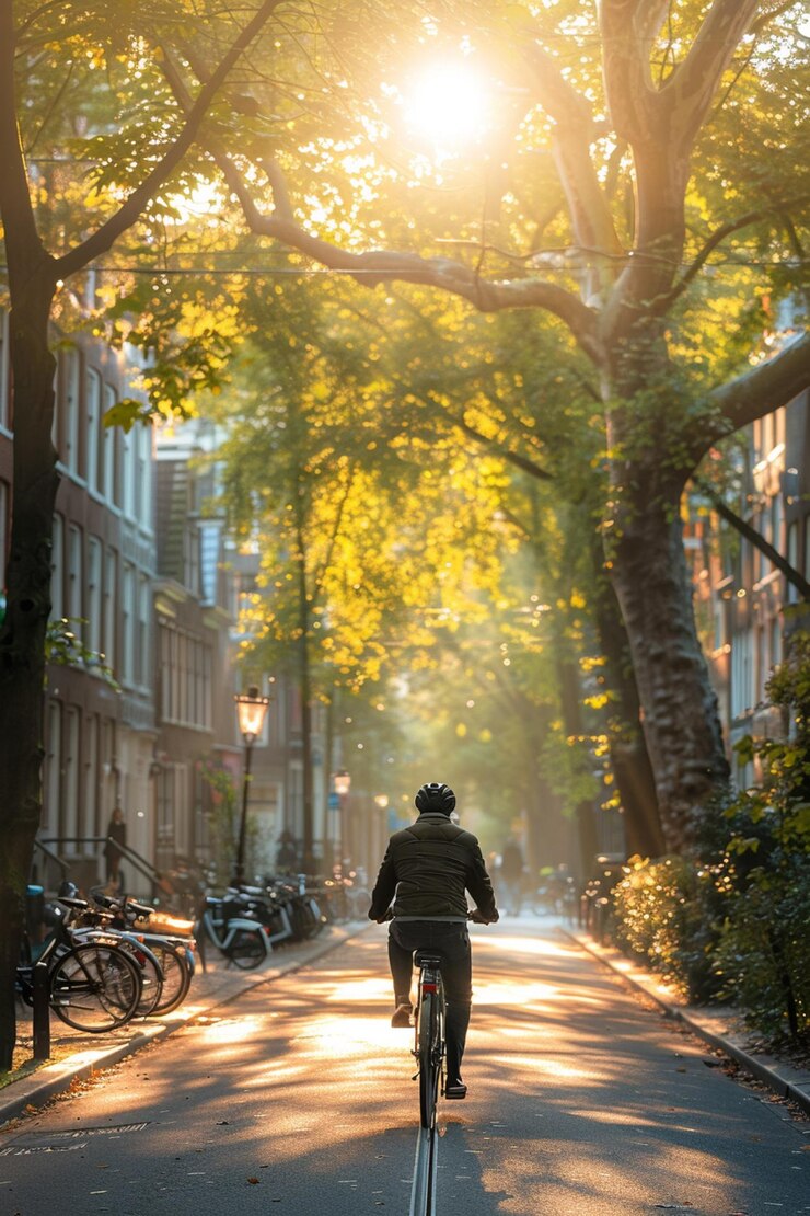 hombre arrafado montando una bicicleta por una calle en el sol generativo ai