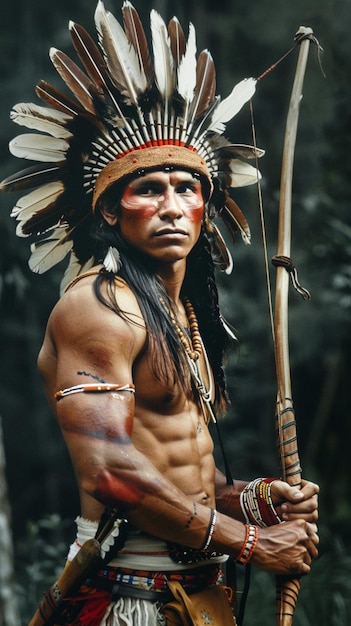 hombre arrafado con ropa nativa sosteniendo un arco y una flecha generativo ai