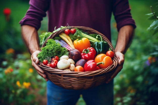 hombre arrafado sosteniendo una canasta de verduras en un jardín generativo ai