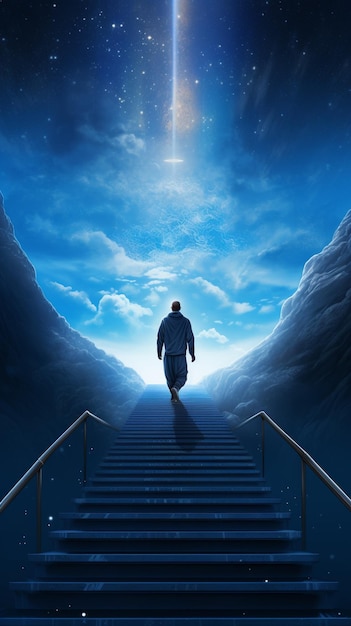 hombre arrafado subiendo un tramo de escaleras hacia una estrella brillante generativa ai