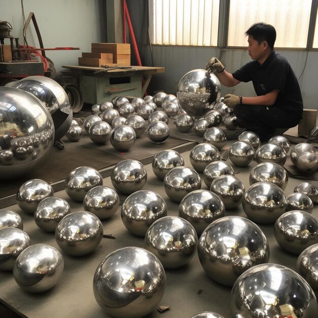 hombre arrafado trabajando en una mesa con un montón de bolas brillantes generativa ai