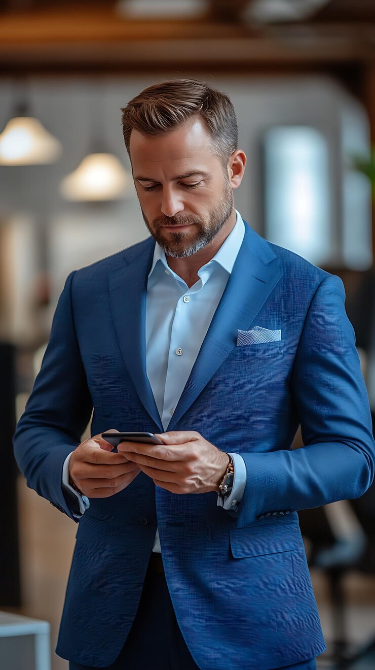hombre arrafado en un traje azul mirando su teléfono celular
