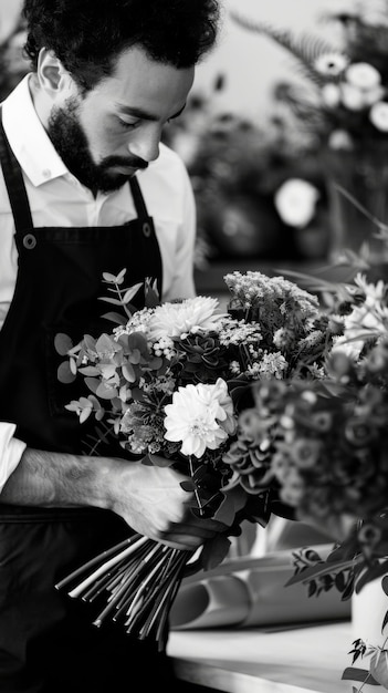 Foto un hombre está arreglando activamente flores en una floristería