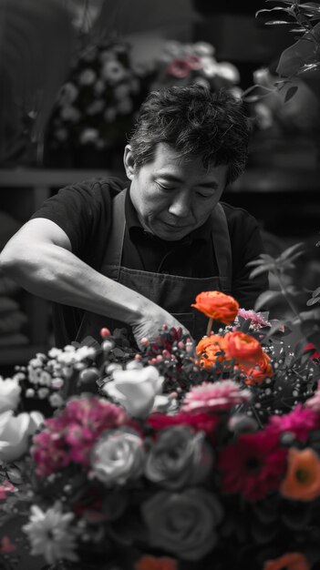 Foto un hombre arreglando flores en un entorno vibrante de una floristería