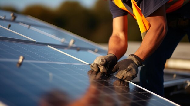 Foto hombre arreglando paneles solares en el techo