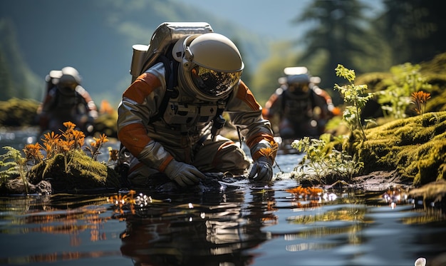 Hombre arrodillado en el agua por el bosque