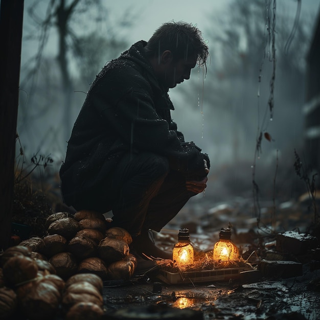 un hombre arrodillado en el bosque con una linterna en las manos
