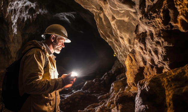 Foto un hombre arrodillado frente a una cueva