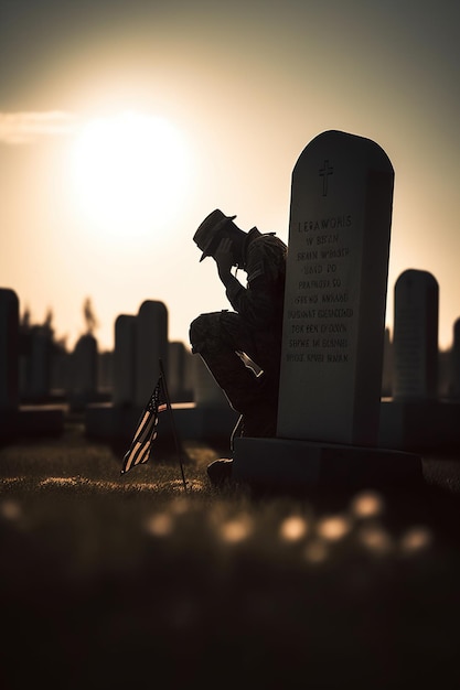 Un hombre arrodillado frente a una tumba con una bandera al fondo.