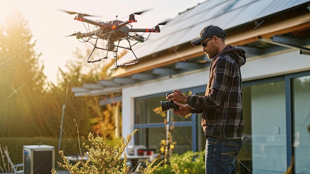 Hombre arrodillado junto al dispositivo de control remoto para control electrónico