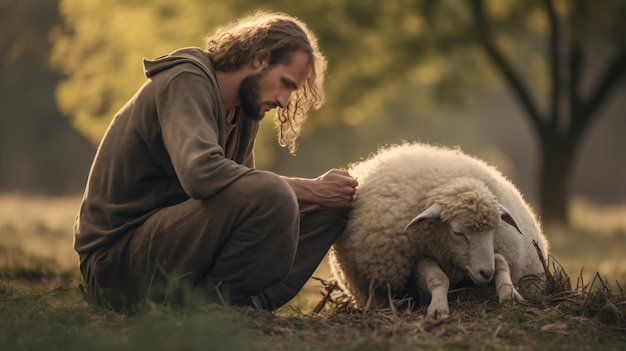 Foto un hombre arrodillado junto a una oveja