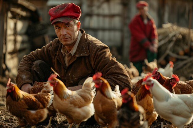 Hombre arrodillado junto a los pollos en el gallinero