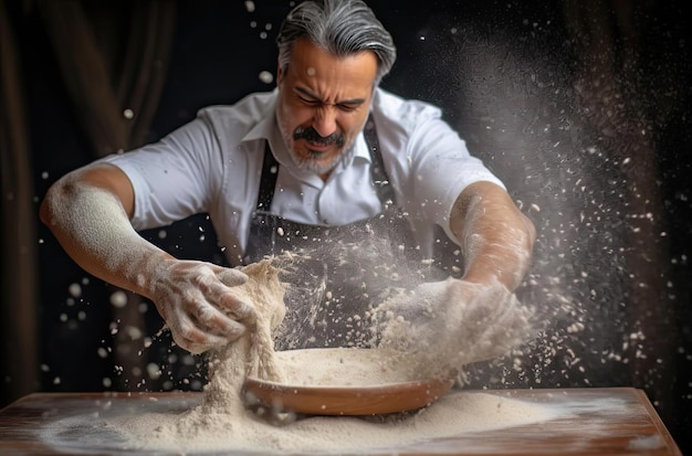 hombre arrojando harina sobre un poco de pan al estilo de técnicas colaborativas