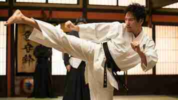 Foto hombre de artes marciales en kimono blanco con cinturón negro