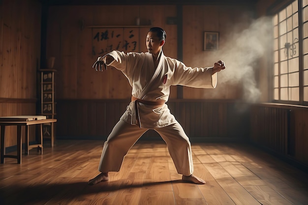 Hombre de artes marciales practicando artes marciales en una habitación con paredes de madera