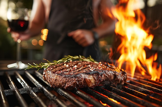 Un hombre asada un filete de costilla en un fuego de parrilla y bebe vino tinto