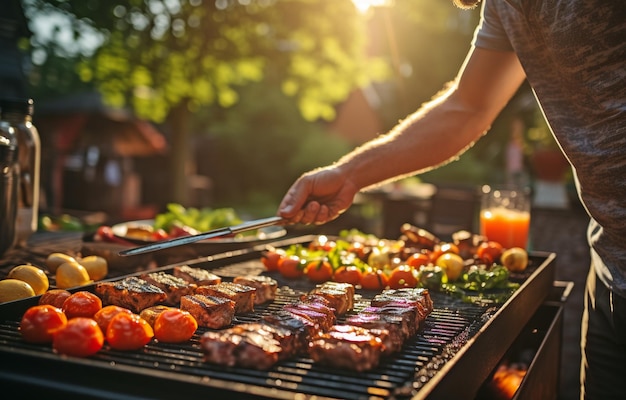 Hombre asando carne en una barbacoa en una celebración de verano al aire libre