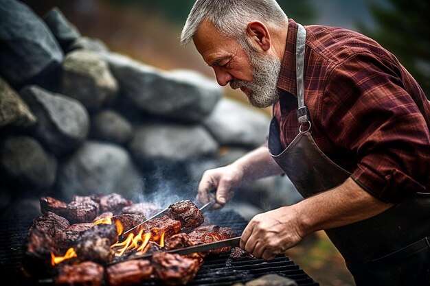 Foto hombre asando carne en la barbacoa