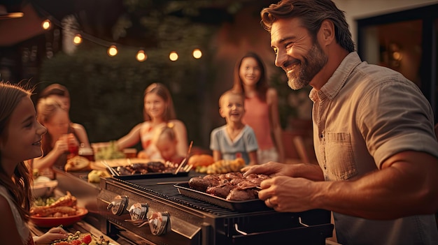 Foto hombre asando carne con niños en un picnic de barbacoa en el parque día del padre