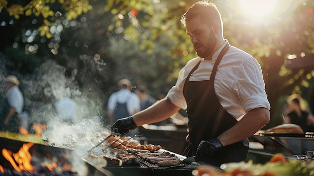 un hombre asando carne en una parrilla con el sol brillando detrás de él