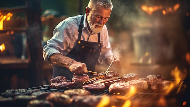 Un hombre asando carne a la parrilla