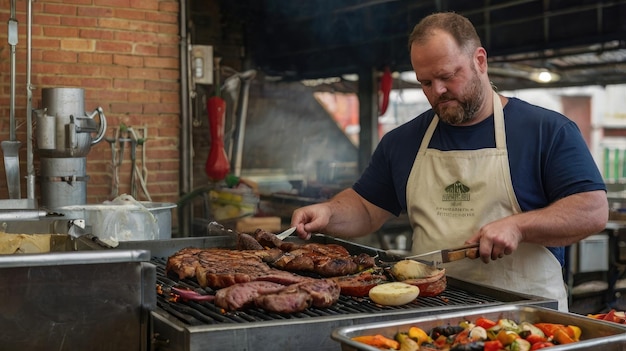 Hombre asando carne y verduras en una parrilla de mercado de la ciudad con ingredientes naturales ai