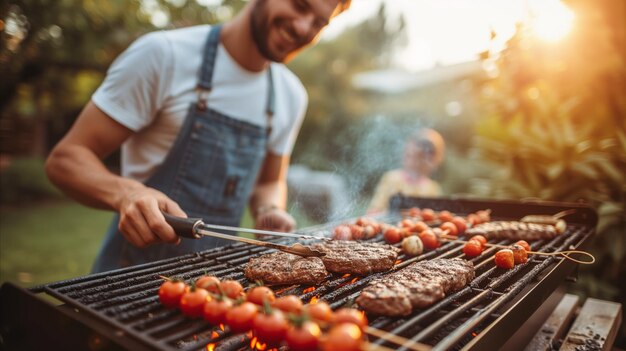 Foto hombre asando carne y verduras en una parrilla