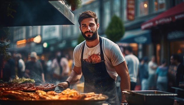 Un hombre asando comida en una barbacoa