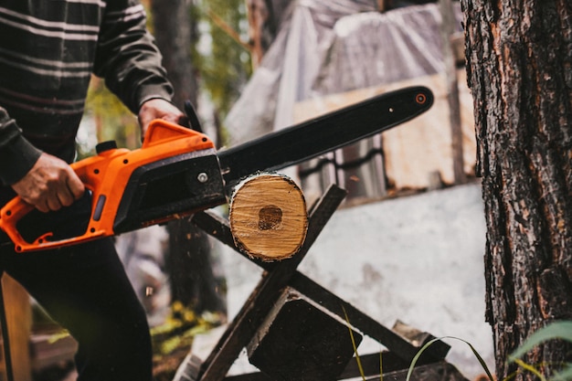 Hombre aserrando un tronco de abedul con una motosierra en el bosque. Forester en el trabajo