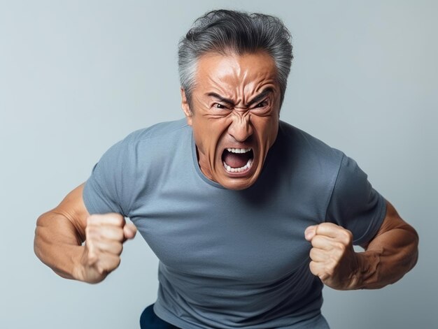 Hombre asiático de 50 años pose emocional dinámica