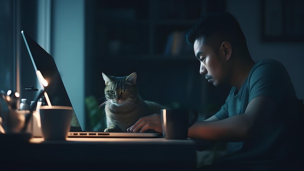 Hombre asiático adulto sentado frente a la computadora portátil en la mesa por la noche con su gato en la imagen generada por la red neuronal de la oficina en casa