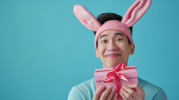 Foto hombre asiático alegre y positivo con orejas de conejo sosteniendo un regalo de pascua aislado en un fondo de color pastel