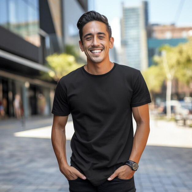 hombre asiático atractivo vistiendo camiseta en blanco para maqueta de diseño gráfico