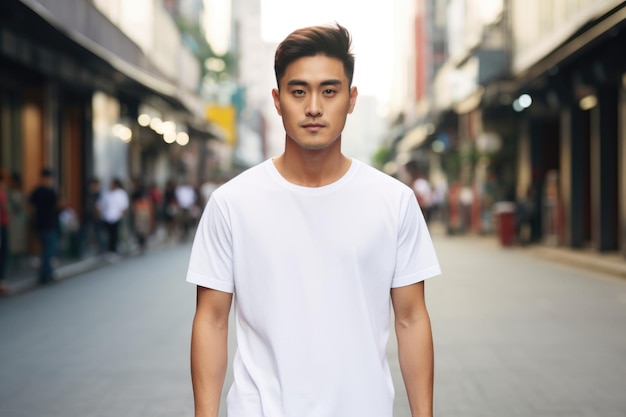 Hombre asiático con una camiseta blanca en la ciudad