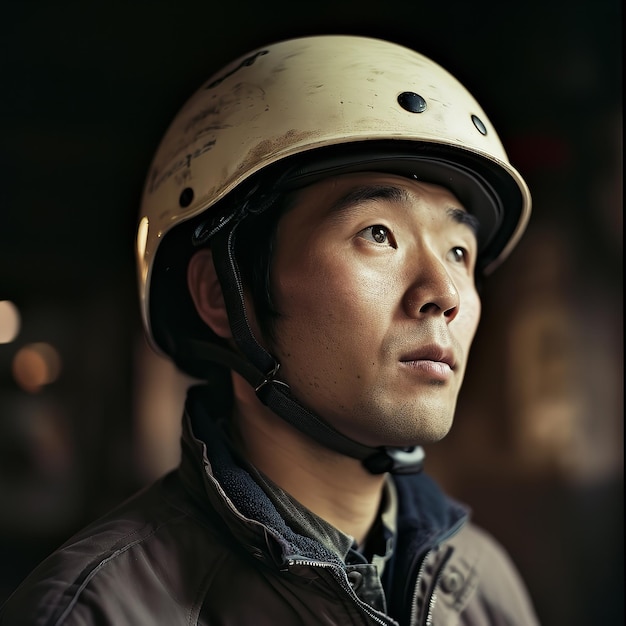 Un hombre asiático con un casco de jinete Ai generativo