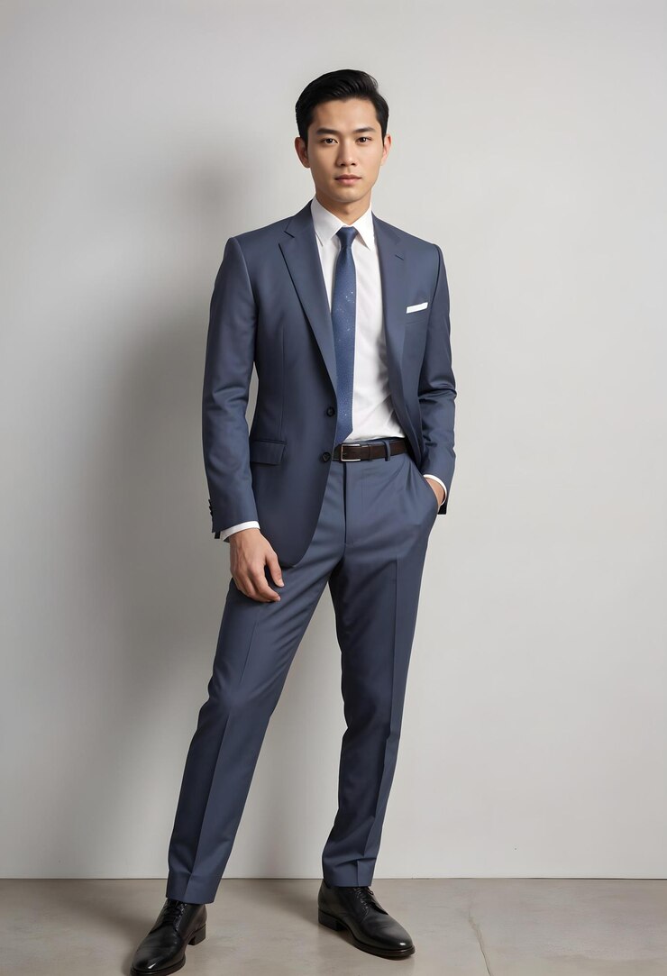 hombre asiático con una chaqueta de traje azul y pantalones una camisa de cuello blanco