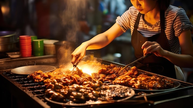 Hombre asiático cocinando comida tailandesa picante en el mercado nocturno