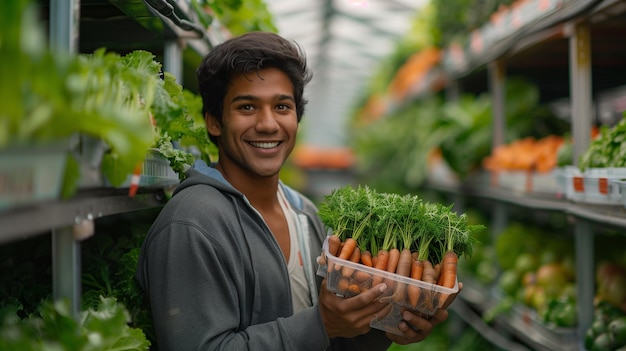 hombre asiático cosechando un montón de verduras orgánicas