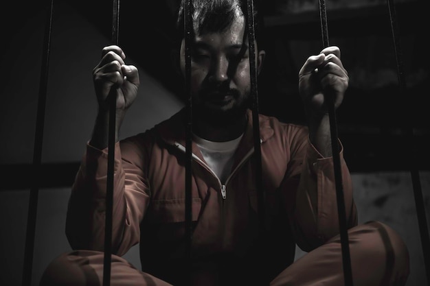 Hombre asiático desesperado en la prisión de hierroconcepto de prisionerogente de tailandiaEsperanza de ser librePresos graves encarcelados en la prisión