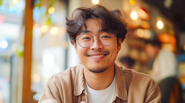 Hombre asiático con gafas sonriendo a la cámara en un café