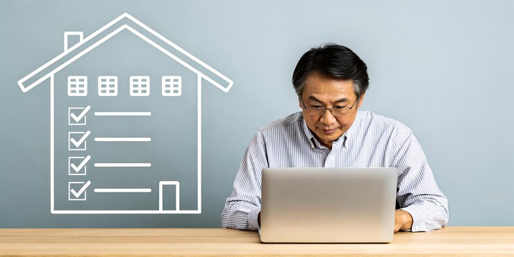 Hombre asiático con gafas usando una computadora portátil con una lista de comprobación de la casa en el fondo