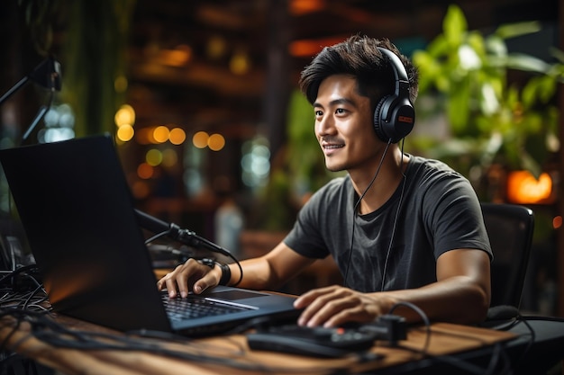 Hombre asiático grabando un podcast con auriculares y un micrófono en su computadora portátil AI