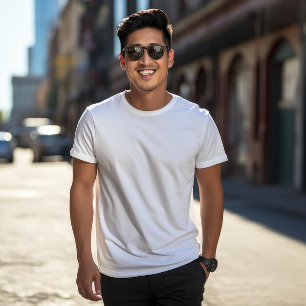 Hombre asiático guapo que lleva una camiseta vacía en blanco