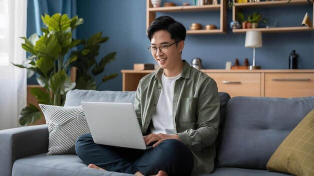 Hombre asiático haciendo trabajo independiente en una computadora portátil sentado en el sofá en casa