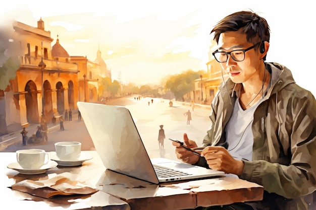 Hombre asiático independiente trabajando en una computadora portátil en una mesa al aire libre Ilustración de acuarela
