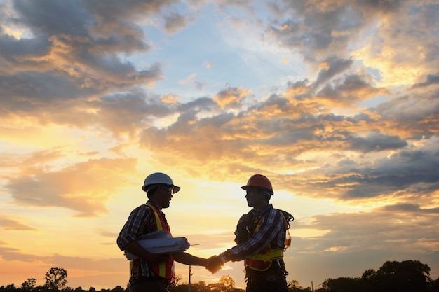 Hombre asiático, ingeniero civil, arquitecto, llevando, casco de seguridad, reunión, en, construcción, sitio., Arquitectura, ingeniería, trabajo en equipo, reunión, en, lugar de trabajo